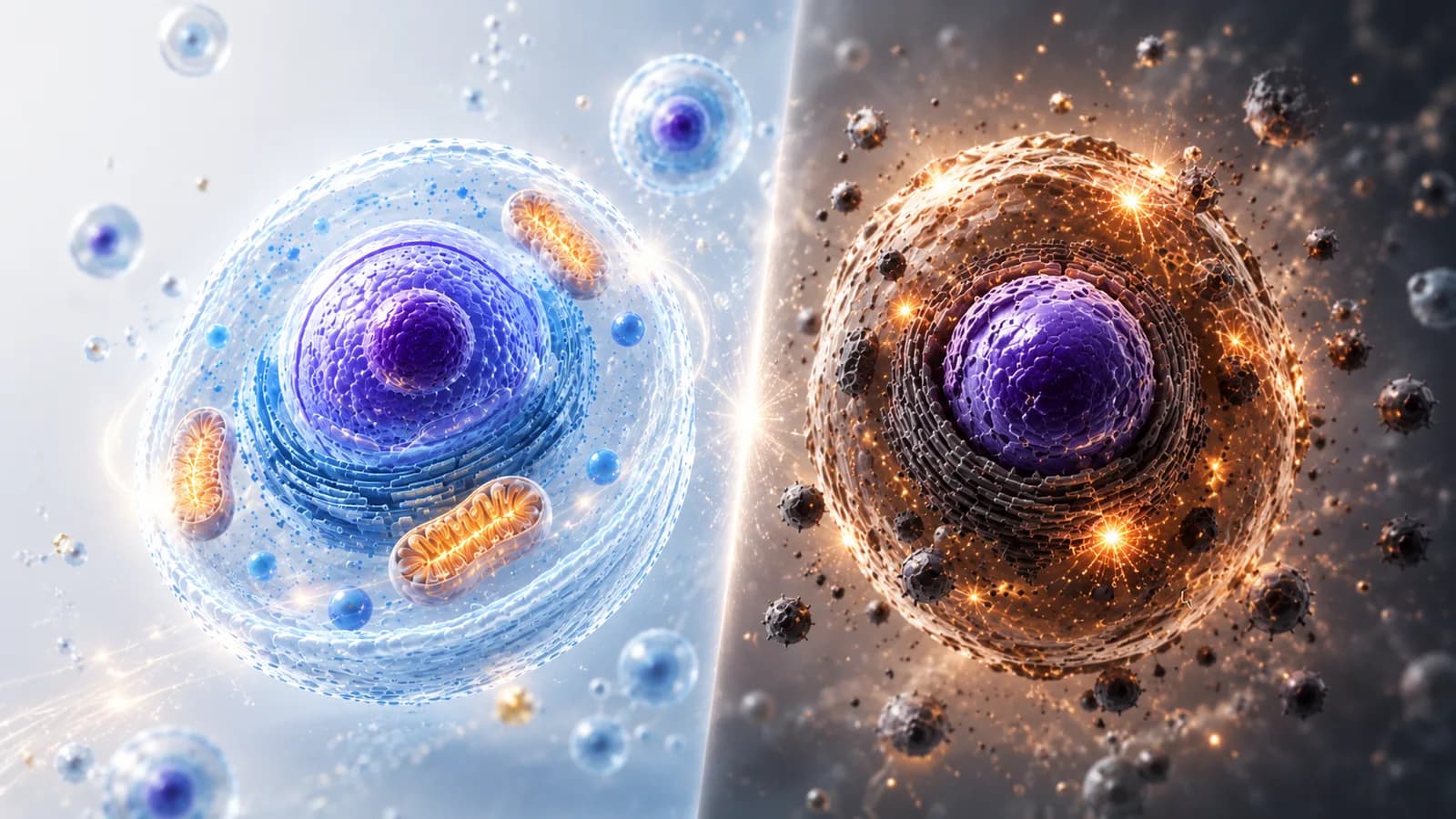ภาพเชิงแนวคิดเปรียบเทียบเซลล์ภายใต้ oxidative stress กับเซลล์ปกติ